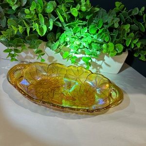 Vintage Marigold Sunflower Carnival Glass Oval Relish Candy Dish